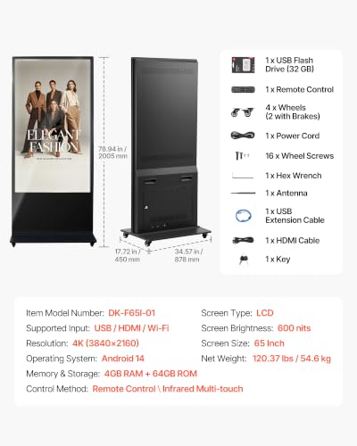 Image of VEVOR 65 in Indoor Digital Signage 4K Floor Stand Advertising Display Kiosk, WiFi HDMI /USB Input Android OS, 178 Wide View, LCD Touchscreen Interactive Monitor, Mobile Commercial Totem Poster
