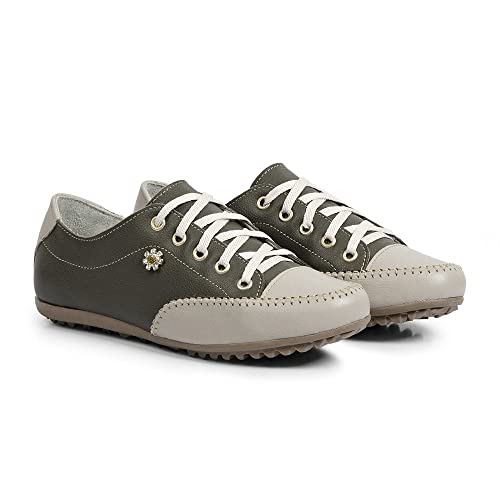 Sapatênis Tênis Feminino Casual Couro Flay Izabela Araújo - 100 - Verde Militar Bege Tamanho:38;Cor: