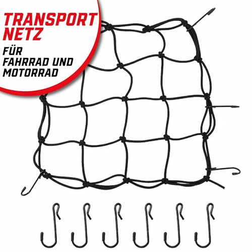 Pitlane Performance® Gepäcknetz 25x25 cm mit 6 Metallhaken Elastisches Helmnetz & Transportnetz, Universales Kofferraumnetz für Auto, Motorrad, Fahrrad - Sicherer Halt für Helme, Taschen & Gepäck