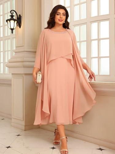 Women's 2 Piece Mother of The Bride Dresses for Wedding Long Sleeve Ruffles Chiffon Formal Evening Dress DE3642