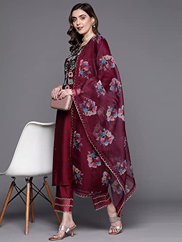 Image of INDO ERA Women's Viscose Embroidered Straight Kurta Pant With Dupatta Set