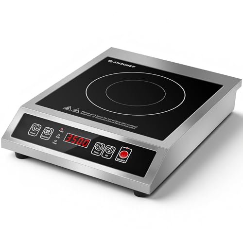 AMZCHEF Placa Inducción Comercial 3500W, 21 Niveles de Potencia & 20 Niveles de Temperatura, Cuerpo de Acero Inoxidable, Temporizador 10H, Adecuado para Cocina de Catering Profesional Restaurante