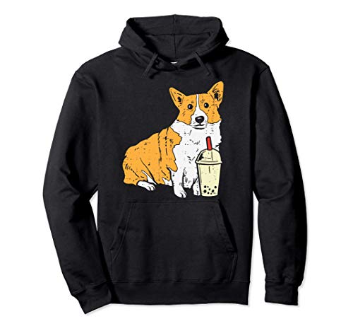 Welsh Corgi Drinking Bubble Milk Tea Dog Lover Owner Gift Pullover Hoodie