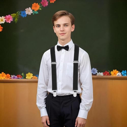 Mabor Hosenträger Kinder, Verstellbar 3 Clips Hosenträger Y Form Hosenträgers Elastische Suspenders Jungen Hosenträgers Schwarz für Kinder Jungen Mädchen