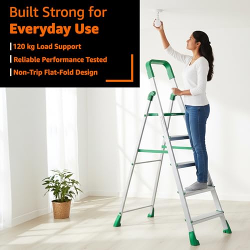 Image of Amazon Basics Clamber Pro - Foldable Step Ladder, Firm Grip, 5 Steps (Aluminium Steps, Green & Satin)