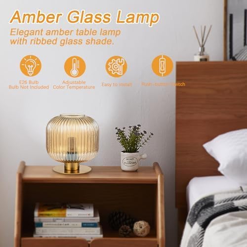 Miniatura 3 de Lámpara de mesa moderna de mediados de siglo, lámpara de mesa de vidrio ámbar, lámpara de noche vintage, lámpara de mesita de noche dorada, diseño