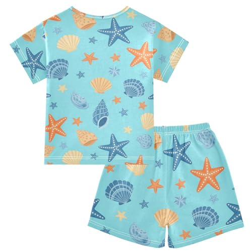 2-Piece Cotton Pajama Set Seashell Starfish Pattern Print Short Sleeve Sleepwear Soft PJS Set Size 6 Years2