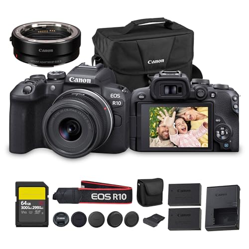 Image of Canon EOS R10 Mirrorless Camera Kit with RF-S 18-45mm Lens | 24.2MP APS-C, 4K Video, Perfect for Beginner Photographers & Vloggers (5331C009) + Adapter EF-EOS R + 64GB Card + LP-E17 Battery + Bag