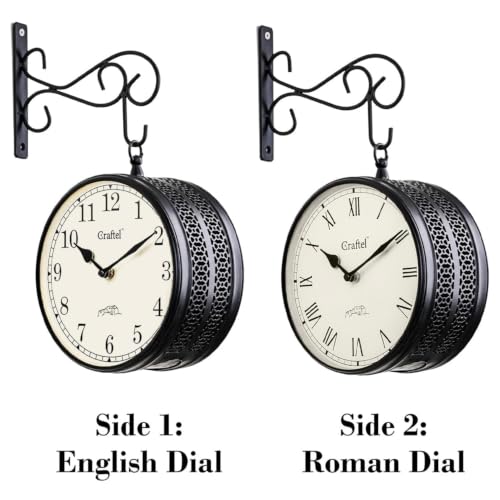 Image of CRAFTEL Double Sided Station Wall Clock Powder Coated | Both Side English & Roman Numerals | Aluminum Matte-Finish Dial | Dial - 10 Inches, Matte Black | 365 Days Warranty