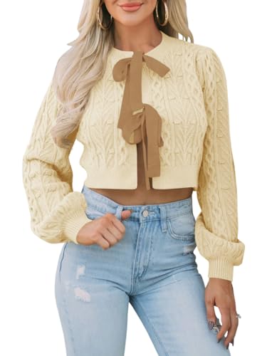 Saodimallsu Womens Cropped Cable Knit Cardigan Sweaters Long Sleeve Bow Tie Front Crew Neck Chunky Sweater Tops