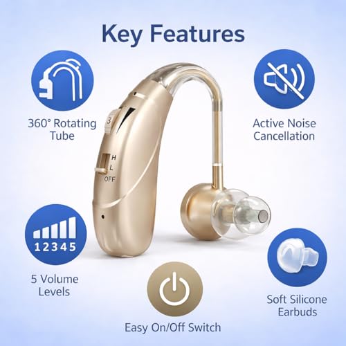 Image of Rechargeable Digital BTE Hearing Aid for Old Age with Type-C Charging for Severe to Profound Hearing Loss - Volume Control | Noise Reduction | Comfort Fit for Adults & Seniors (6 Month Warranty) (Rose Gold, For Single Ear)