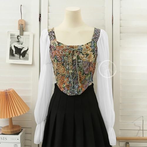 Image of ICW Women French Style Retro Vintage Lace-Up Floral Jacquard Square Neck Smock Puff Sleeve Ruffled Crop Blouse Corset Top Dn29