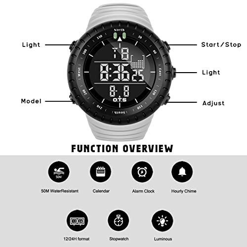 PALADA Men's Digital Sports Watch Waterproof Tactical Watch with LED Backlight Watch for Men (White)