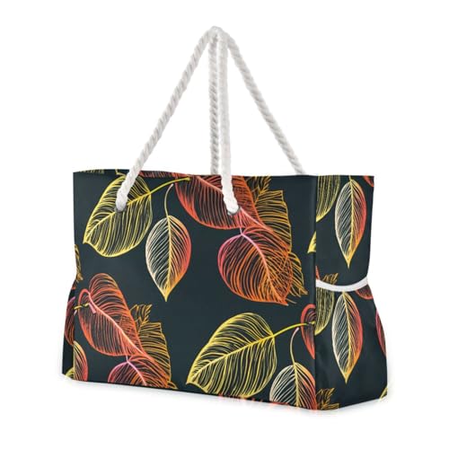 Veined Foliage Sketch Dark Beach Tote Bag for Women Large Travel Tote Bags Waterproof Carry On Swim Pool Bag Beach Bags with Zipper for Yoga Gym Women Vacation Essentials Nurse