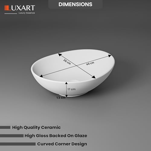 Image of LUXART Tabletop Wash Basin For Bathroom - 17 x 10 x 6.5 Inc Ceramic Glossy White Countertop Washbasin | Vessel Sink For Hotel, Dining Hall, Vanity | Over counter Top Washroom Sink