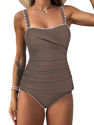 Image of ZAFUL Tankini Swimsuits for Women Tummy Control High Waisted Twist Front Ruched Two Piece Bathing Suit