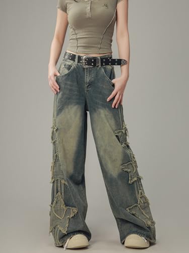 BAIMORE Women's Y2k Grunge High Waist Washed Distressed Star Patch Wide Leg Baggy Jeans4