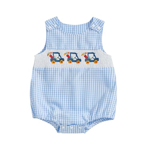 Image of Gueuusu Baby Boy Girl Clothes Newborn Smocked Bubble Romper Embroidery in Plaid/Striped Overall Bodysuit Outfit