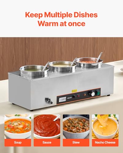 Image of VEVOR Electric Soup Warmer, Three 6.34QT Stainless Steel Round Pot with 86~185F Adjustable Temp, 1500W Commercial Bain Marie with Anti-Dry Burn and Reset Button, Soup Station for Restaurant, Buffet