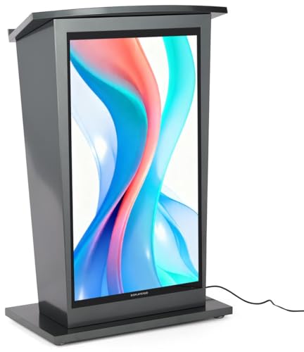 Image of Displays2go 43 inch Digital Podium with LCD Screen, Android 14 OS, Built-in Shelf - Graphite
