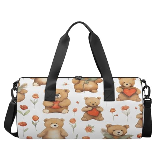 Teddy Bear Round Barrel Sports Fitness Bag, Teddy Bear Heart Travel Luggage Bag, Reusable Handbag, Suitable For Men and Women2