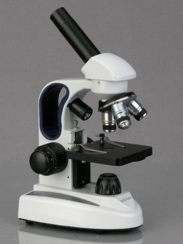 Image of AmScope M158C-2L-PS25 Cordless Compound Monocular Microscope, WF10x and WF25x Eyepieces, 40x-1000x Magnification, Upper and Lower LED Illumination with Rheostat, Brightfield, Single-Lens Condenser, Coaxial Coarse and Fine Focus, Plain Stage, 110V or Battery-Powered, Includes Set of 25 Prepared Slides
