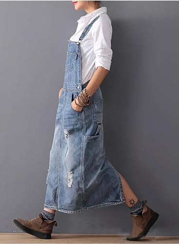 chouyatou Women's Adjustable Strap Distressed Denim Overall Dress A-Line Pinafore Jean Dress with Split2