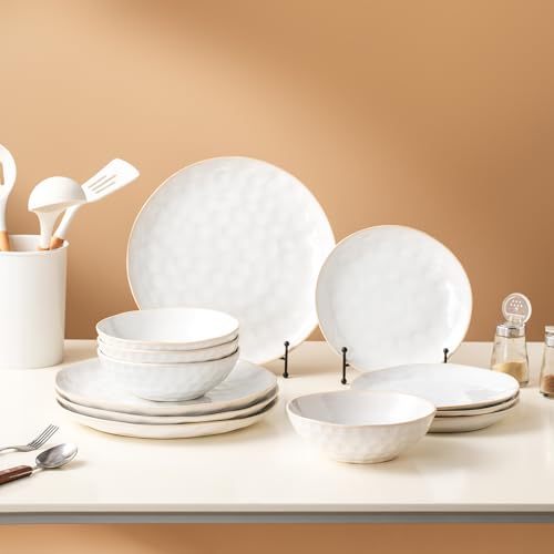 TAOCIGOU Juego de vajilla para 4 personas, gres, 12 piezas, vajilla de porcelana con plato llano, plato de postre, cuencos de cereales, microondas y lavavajillas (blanco)