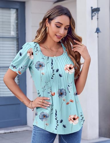 Zeagoo Womens Summer Tops Casual Puff Short Sleeve T Shirts Floral/Solid Pleated Tunics Square Neck Work Blouse2