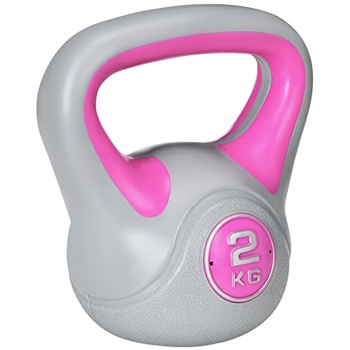 SPORTNOW Kettlebell 2kg PU y Arena con Base Plana y Práctico Agarre para Estiramientos, Sentadillas y Elevaciones, 18x10x20 cm, Rosa