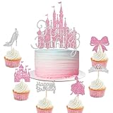 Wootkey 26Pcs Castle Princess Cake Topper Silver Pink Glitter Princess Cupcake Toppers High Heel Bow Crown Princess Cake Decorations for Princess Birthday Party Supplies Baby Bridal Shower