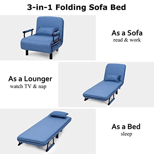 Image of CASART. Folding Sofa Bed, 3-in-1 Convertible Recliner Chair with Pillow and Caster, Indoor Single Sleeper Guest Bed Lounge Futon Couch for Home Office Bedroom Living Room (Blue)