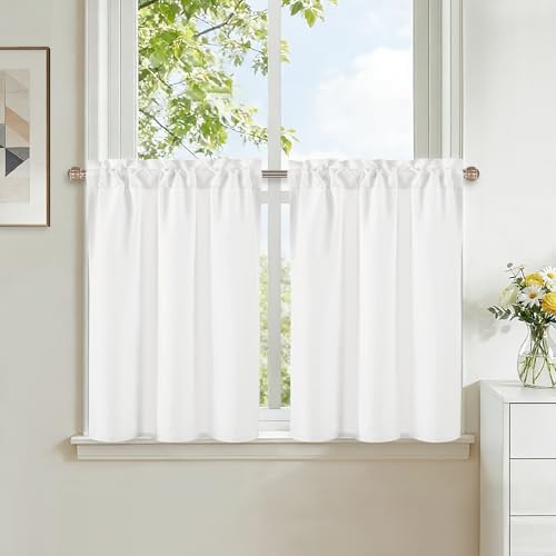 DWCN Rideau Court Rideau Cuisine Aspect Lin Blanc 60L X 45H cm 2 Panneaux Fenêtre Rideaux Brise Bise à Passe Tringle Décoration Intérieure Moderne pour...