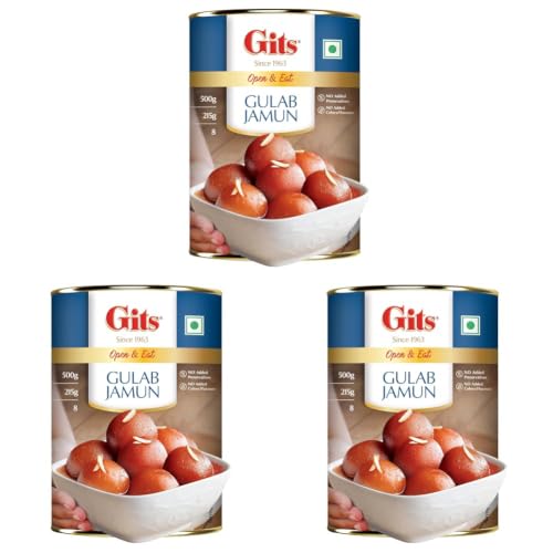 Image of Gits Gulab Jamun Tin |500gm, 8 Pieces |Open & Eat | Mouth-Watering Indian Mithai | Delicious, tasty, melts in mouth (Pack of 3)