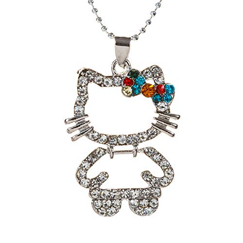 Hello-Kitty full body Clear Rainbow Rhinestone with a colorful Crystal Bowknot Bow Pendant- Enamel on metal - Happy Birthday Valentine Gift. Chain (style varies) included.