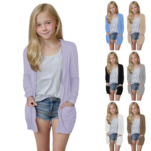 Lang Strickjacke Mädchen Einfarbige Jacke Langarm Cardigan Kinder Elegant Outdoorjacke Mode Jacken Leichte Dünn Atmungsaktiv Strickjacke Lässig (Purple, 9-10 Years)