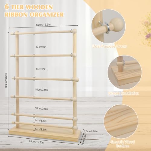Image of ElasignShopo 6 Tier Wooden Ribbon Rack Large Ribbon Organizer Ribbon Storage Rack Ribbon Dispenser Ribbon Spool Holder for Sewing Craft Mesh Thread Tape Wreath Crochet Roll Craft Florist Wrapping Gift