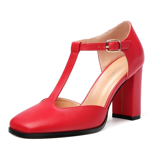 Womens T Strap Mary Janes Pumps, Square Toe Block High Heel Ankle Strap Shoes for Women - Main Image