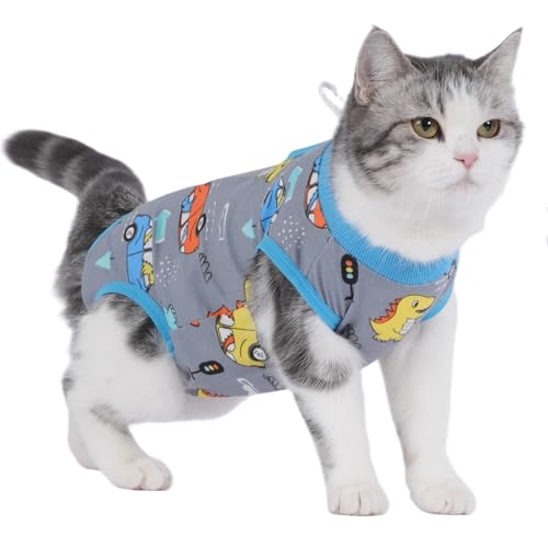 Cat Surgery Recovery Suit Professional for Surgical Abdominal Wound Or Skin Diseases E-Collar Alternative for Cats After Surgery Wear Pajama Suit (Gray, Medium)