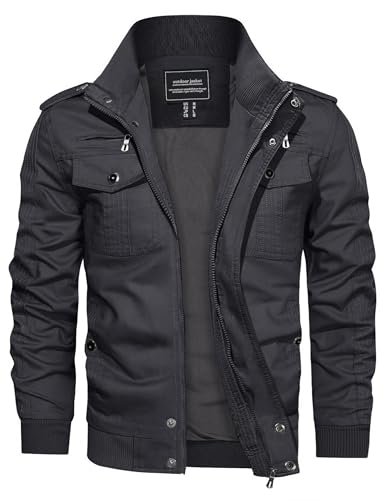 CRYSULLY Men's Cotton Military Jacket Lightweight Casual Windbreaker Stand Collar Bomber Jackets Coat with Multi Pockets