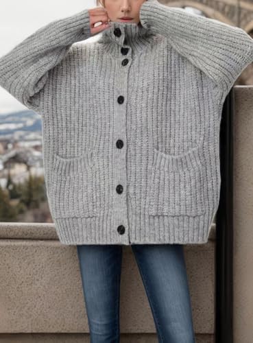 chouyatou Women's Button Down Cardigan Sweater Fall Oversized Turtleneck Ribbed Knit Cardigan Coat with Pockets4