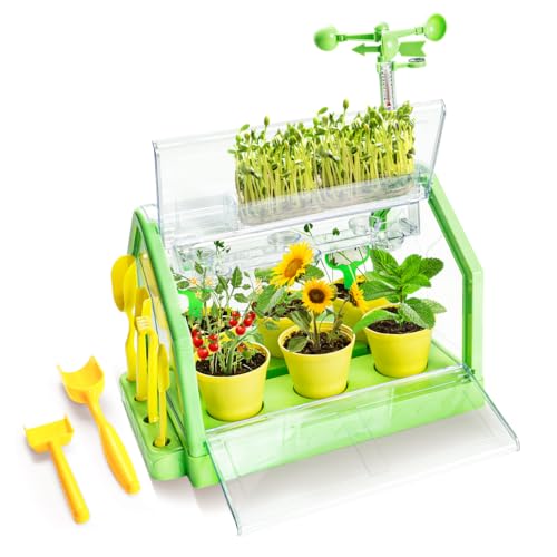 Kids Plant Growing Kit - Kids Greenhouse & Flower Growing Kit with Hydroponic Growing System, Thermometer,Wind Vane & Tools, Educational STEM Plant Growing Set