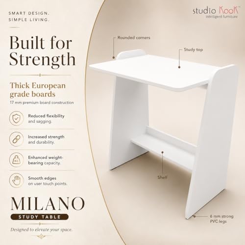 Image of Studio Kook Milano Study Table, Engineered Wood, Modern Computer Desk with Storage Shelf, 80cm Height x 75cm Width, Engineered Wood, Matte Finish (Moonshine White) DIY (DO IT Yourself) Assembly