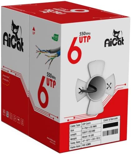 AiCat Cat6 Ethernet Cable 500ft - 23 AWG, CMR, ETL, Insulated Solid Bare Copper Wire Cat 6 Cable with Noise Reducing Cross Separator - 550MHZ / 10 Gigabit Speed Unshielded UTP LAN Cable (Black)