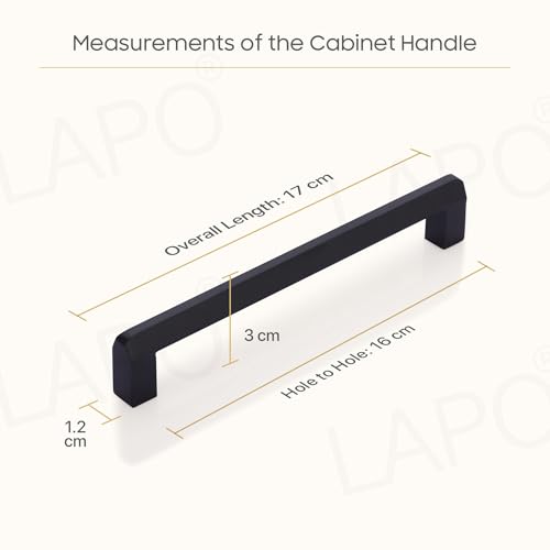 Image of LAPO 6 Inch Cabinet Handles for Kitchen, Stainless Steel Handle for Storage Drawers & Cupboard, Comfortable Grip, Scratch Resistant Surface, Hole to Hole Size 16 cm, DIY Fit (160mm, Black, Pack of 3)