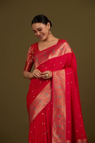 Image of Monjolika Fashion Women's Pure Kanjivaram Style Banarasi Soft Silk Saree With Blouse For Wedding