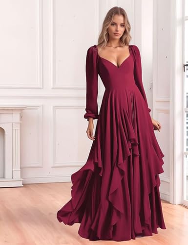 Chiffon Ruffle Bridesmaid Dresses for Women Long Sleeve Evening Gown V Neck Asymmetric Wedding Guest Dress4
