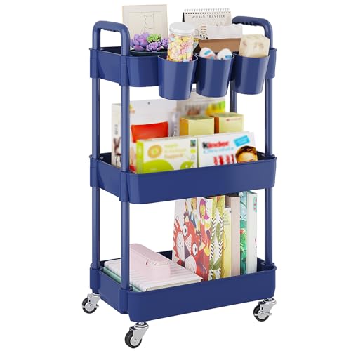 Image of UDEAR 3-Tier Rolling Utility Cart,Multifunctional Storage Shelves with Handle and Lockable Wheels for Room,Office,Kitchen,Bathroom,with 3 Hanging Cups,Blue