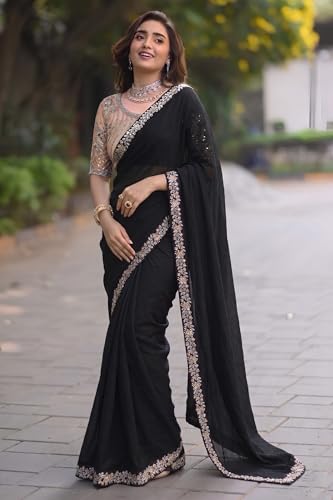 Image of Women's Designer Bollywood Soft Georgette Heavy Embroidery Sequins Work Sarees For Wedding With Blouse Piece