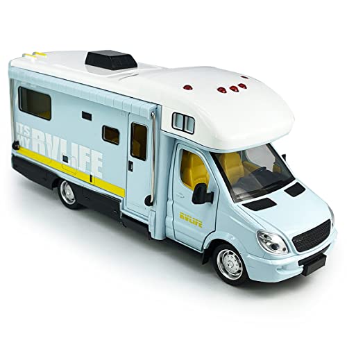 Image of Toy Camper RV Motorhome Toys for Boys Girls Diecast Metal Vehicle Pretend Play Pull Back Model Car Doors & Awning Open Light Sound Age 3 4 5 6 7 8 Kids Toddlers Birthday Gifts, Blue